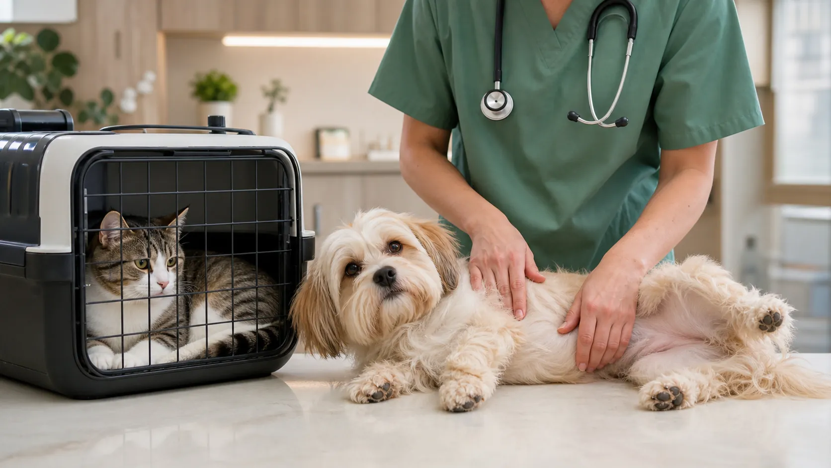 Veteriner hekim tarafından karın muayenesi yapılan köpek ve taşıma çantasındaki kedi