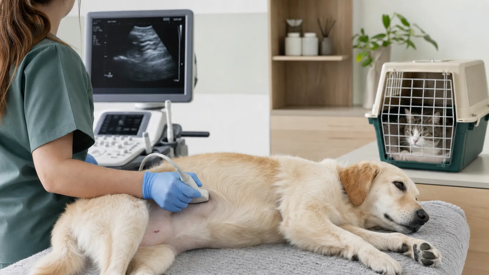 Veteriner muayenesinde dişi köpeğin ultrason kontrolü