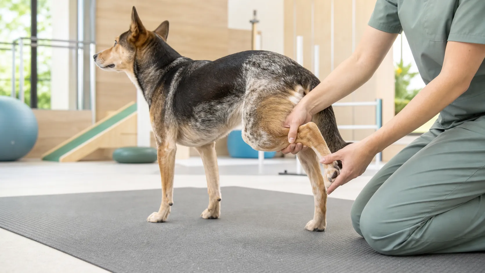 Arka bacağı ortopedik muayenede değerlendirilen köpek